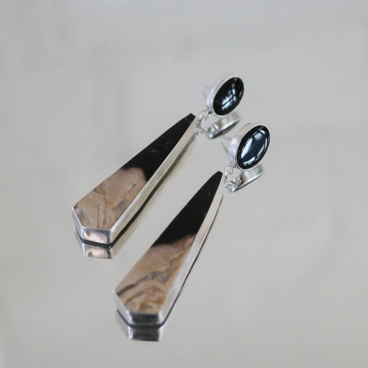 Onyx + Petrified Wood Double Drop Earrings // One of a Kind