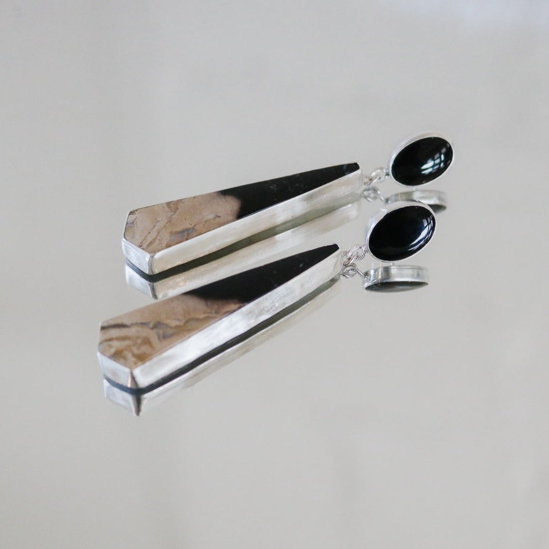 Onyx + Petrified Wood Double Drop Earrings // One of a Kind