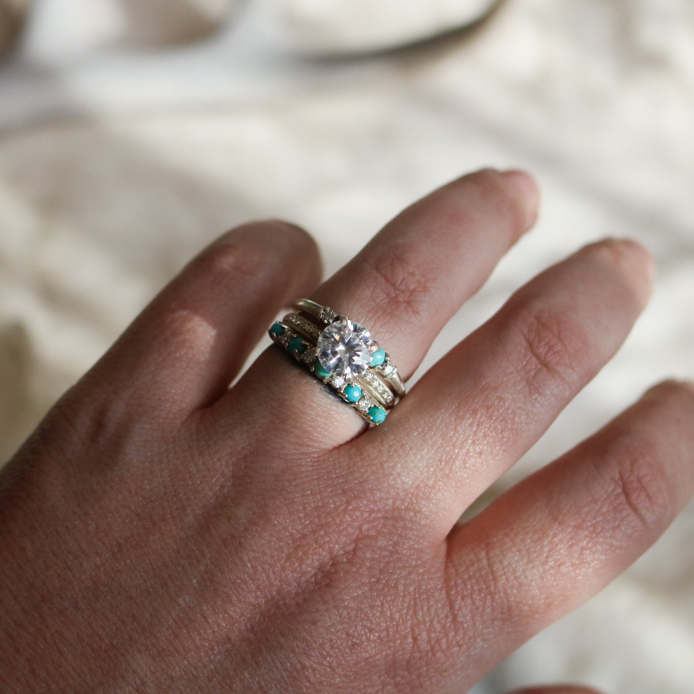 'Carolina' Moissanite Engagement + Turquoise Wedding Ring Set // Made to Order