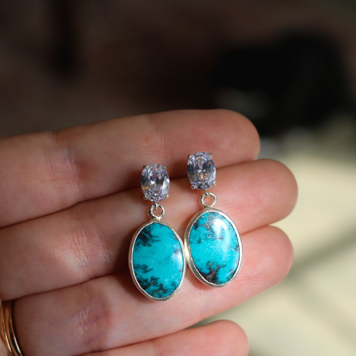 'Bluewater' Turquoise + Oval Cut Diamond Earrings // One of a Kind