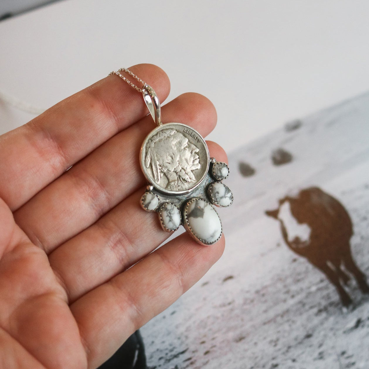 Five Tribes Buffalo Nickel Necklace in 'White Buffalo' Howlite