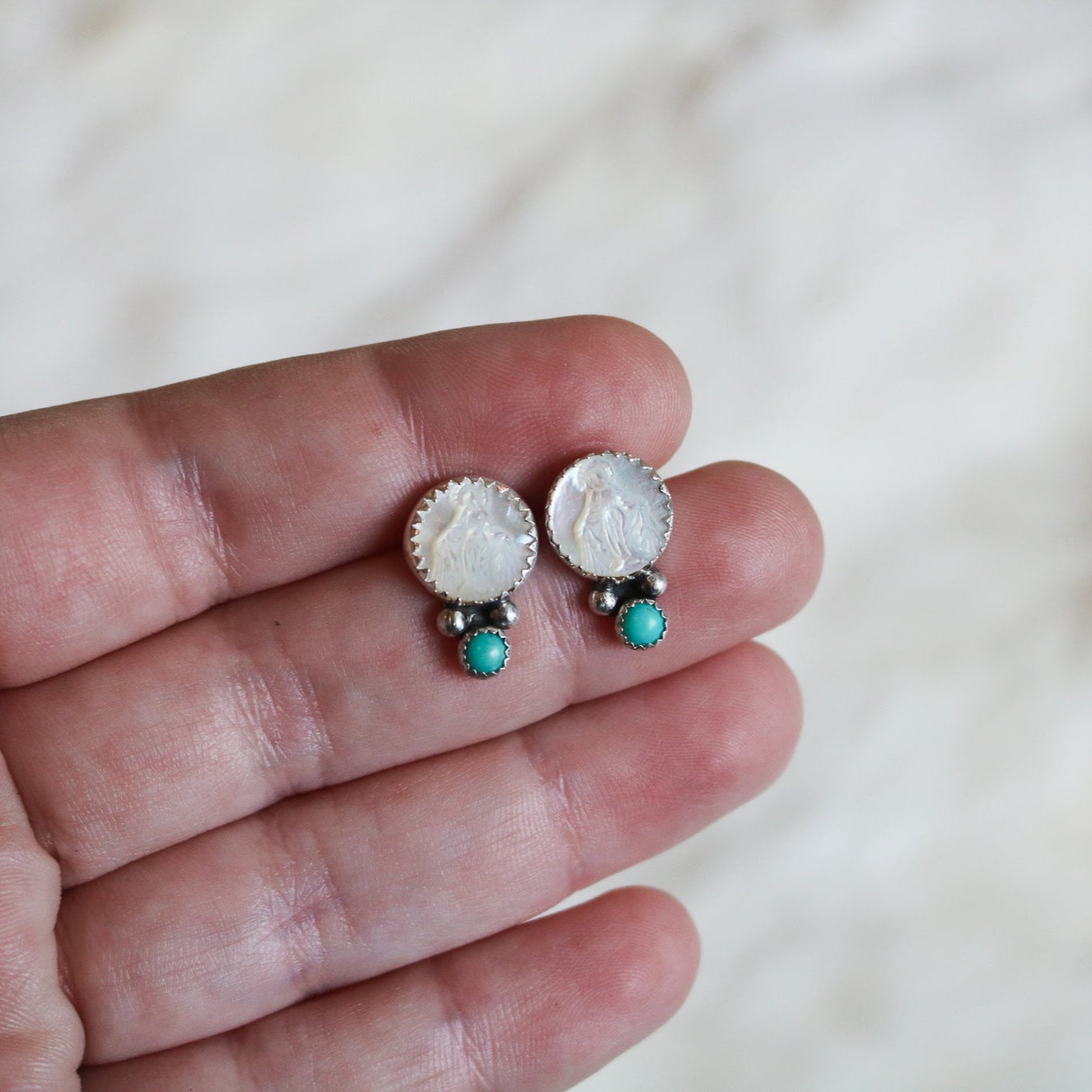 Mother of Pearl Miraculous Medal + Turquoise Studs // One of a Kind
