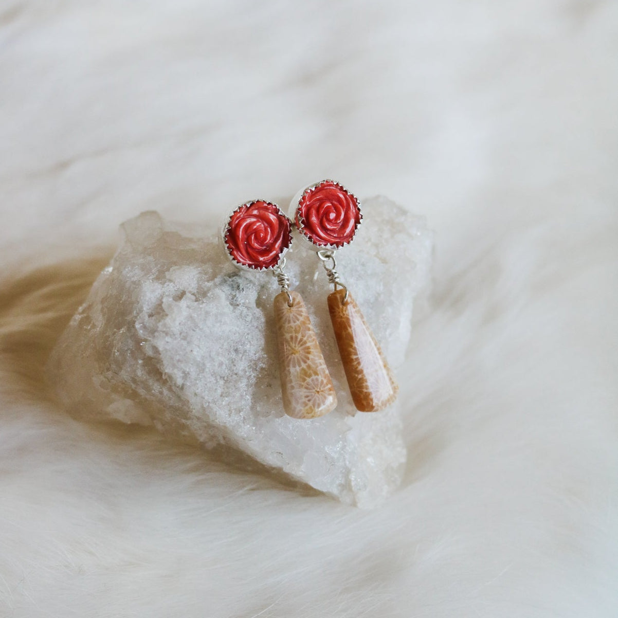 Spiny Oyster Rose + Ocean Jasper Drop Earrings // One of a Kind