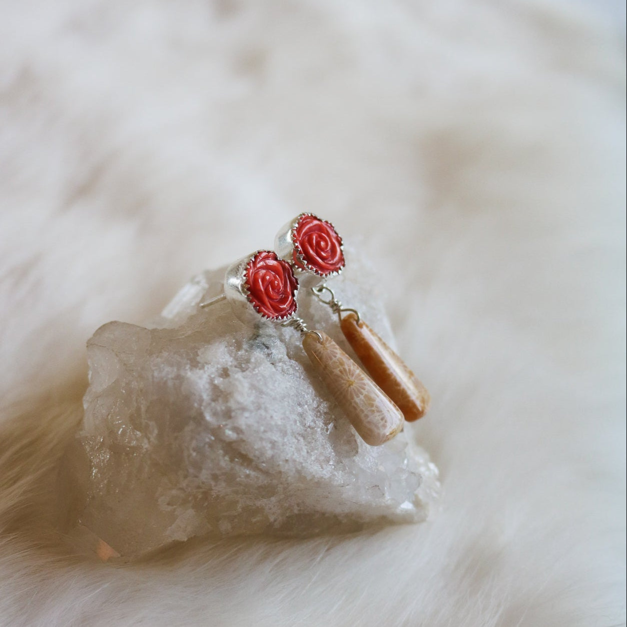 Spiny Oyster Rose + Ocean Jasper Drop Earrings // One of a Kind