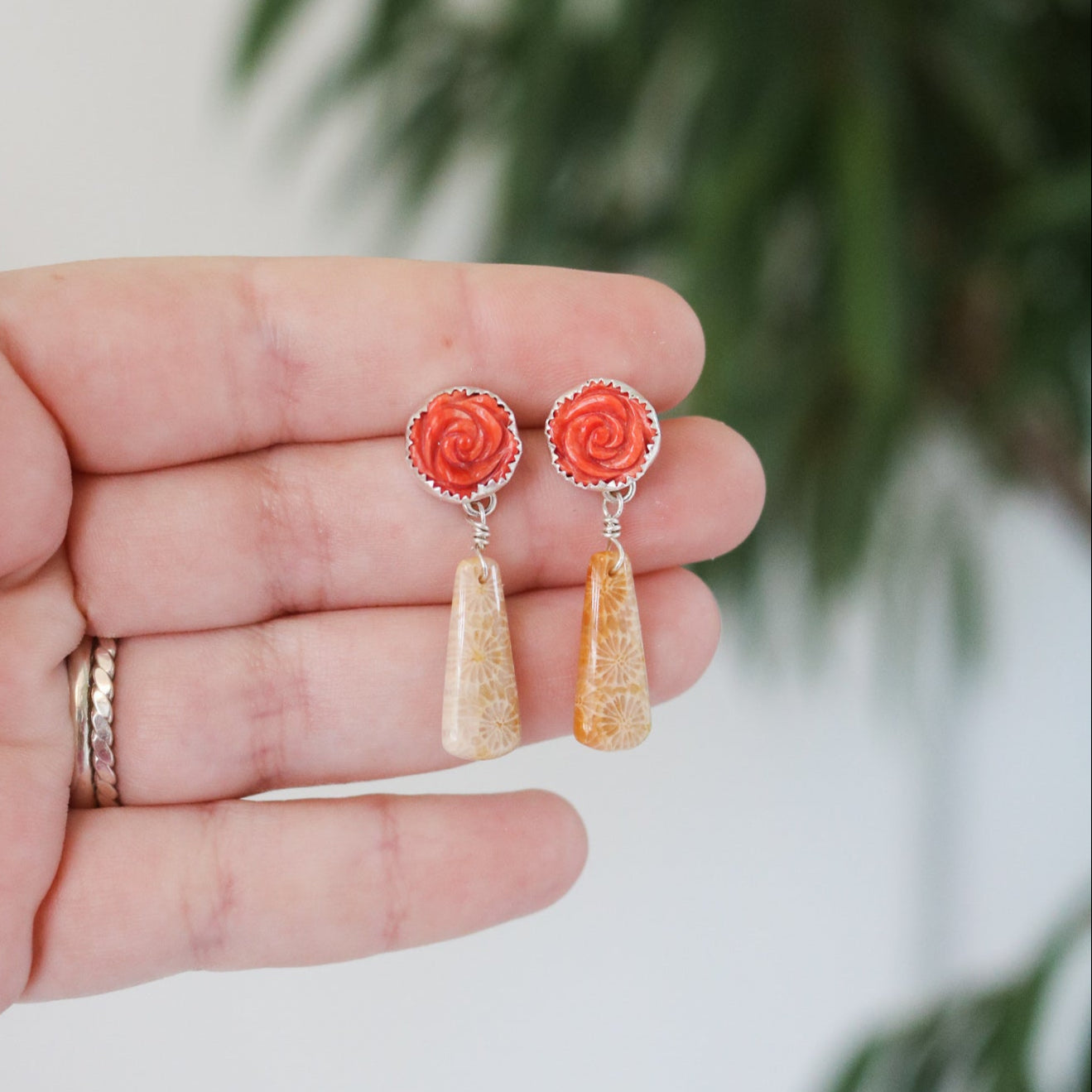 Spiny Oyster Rose + Ocean Jasper Drop Earrings // One of a Kind
