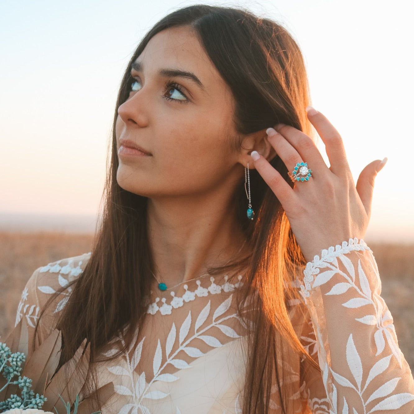 'Mira' Diamond + Turquoise Wedding Ring Set // Made to Order