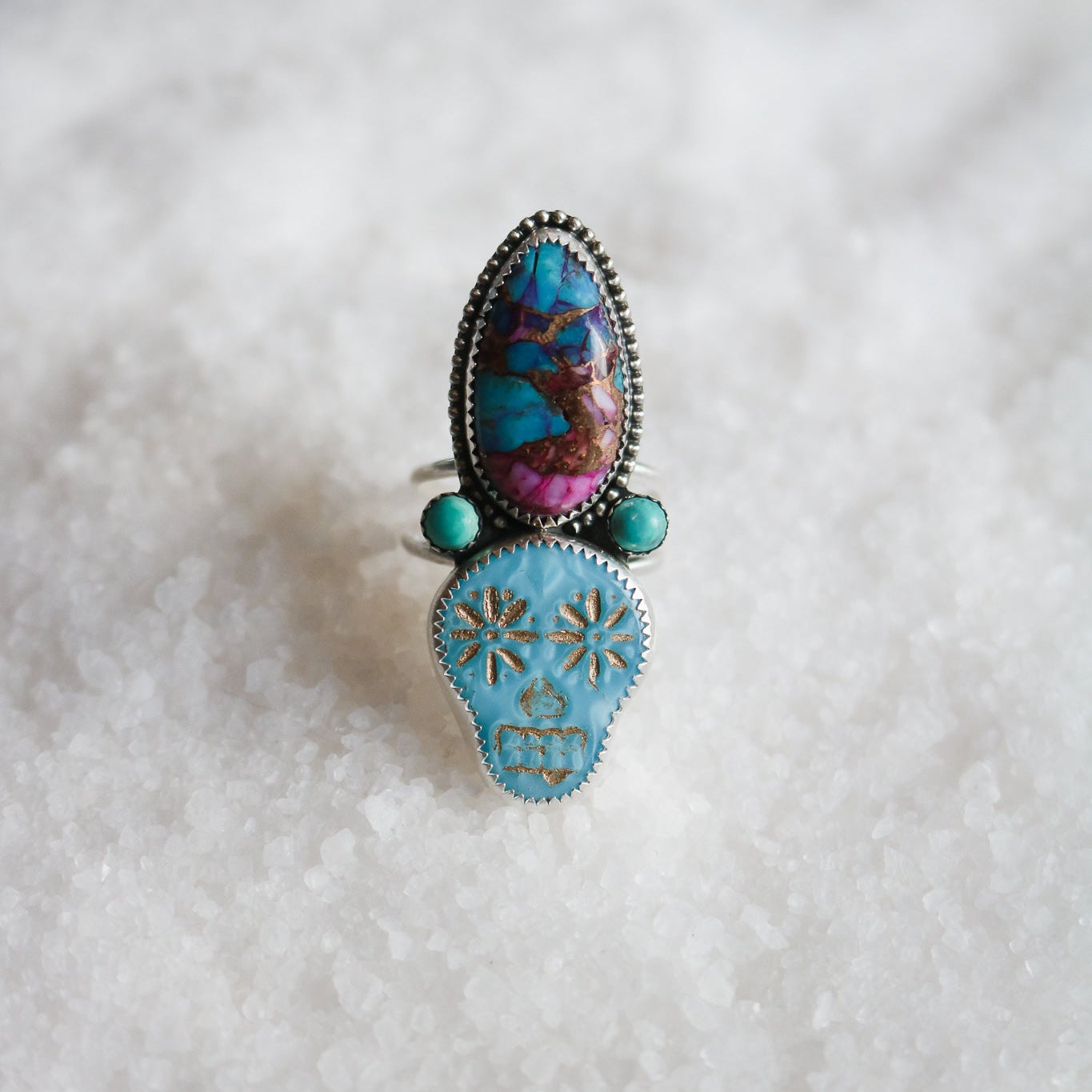 Sugar Skull + Pink Dahlia Turquoise Ring - Size 9 // One of a Kind