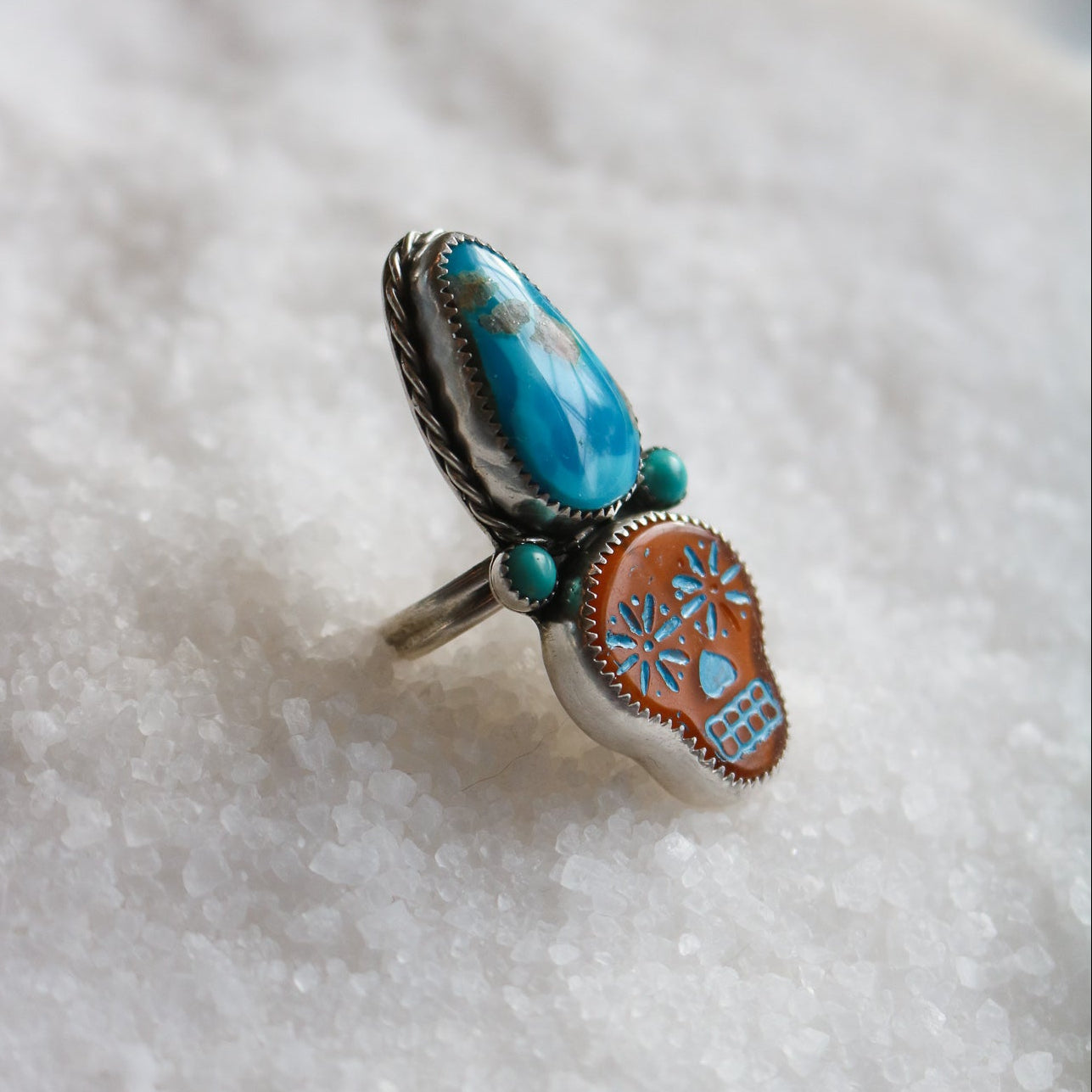 Orange Sugar Skull + Turquoise Ring - Size 8 // One of a Kind