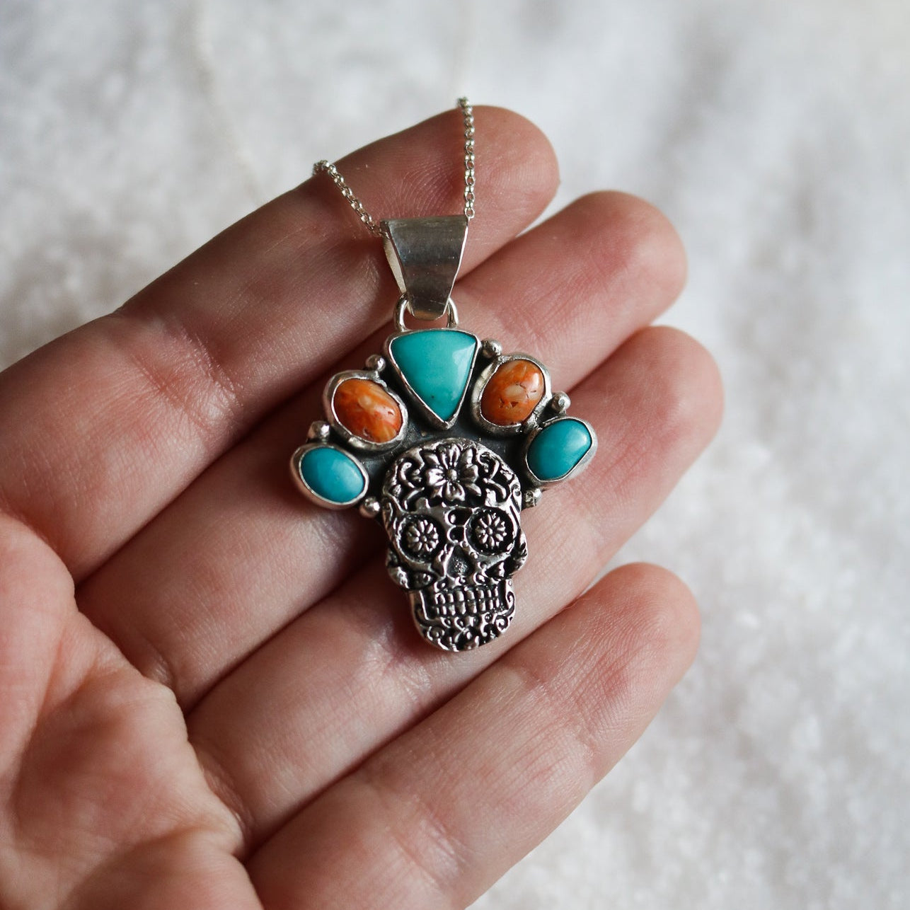 Sugar Skull + Stone Crown Pendant // One of a Kind