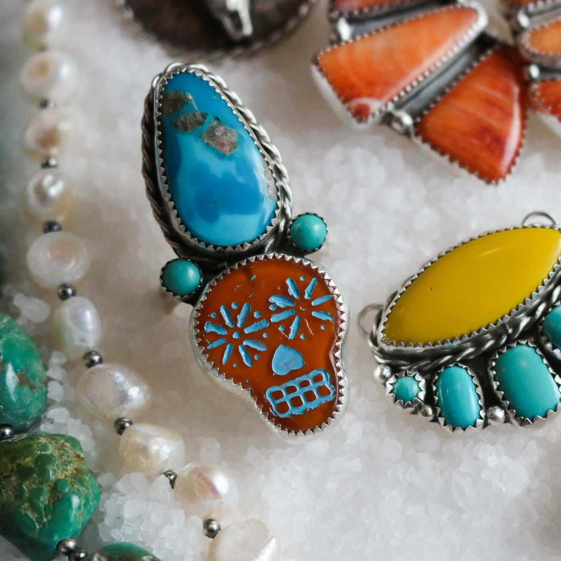 Orange Sugar Skull + Turquoise Ring - Size 8 // One of a Kind