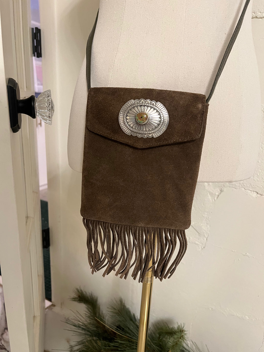 ‘Silver Sage’ Royston Turquoise + Vintage Suede Crossbody // One of a Kind