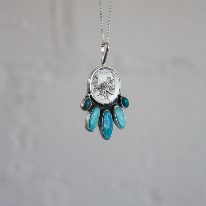 Engraved Five Tribes Buffalo Nickel Necklace in Kingman Turquoise // One of a Kind