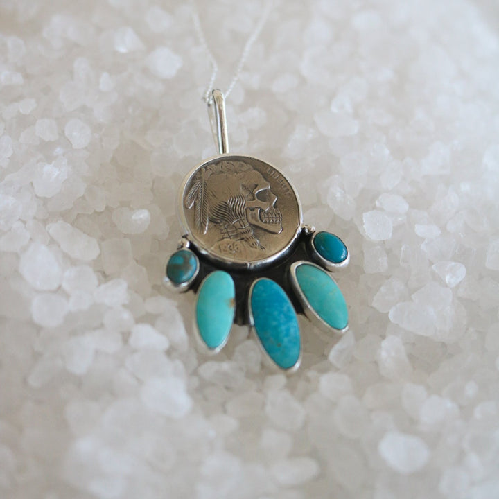 Engraved Five Tribes Buffalo Nickel Necklace in Kingman Turquoise // One of a Kind