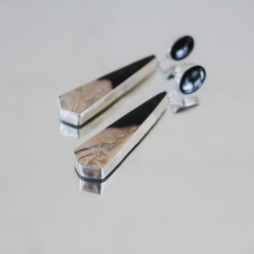 Onyx + Petrified Wood Double Drop Earrings // One of a Kind