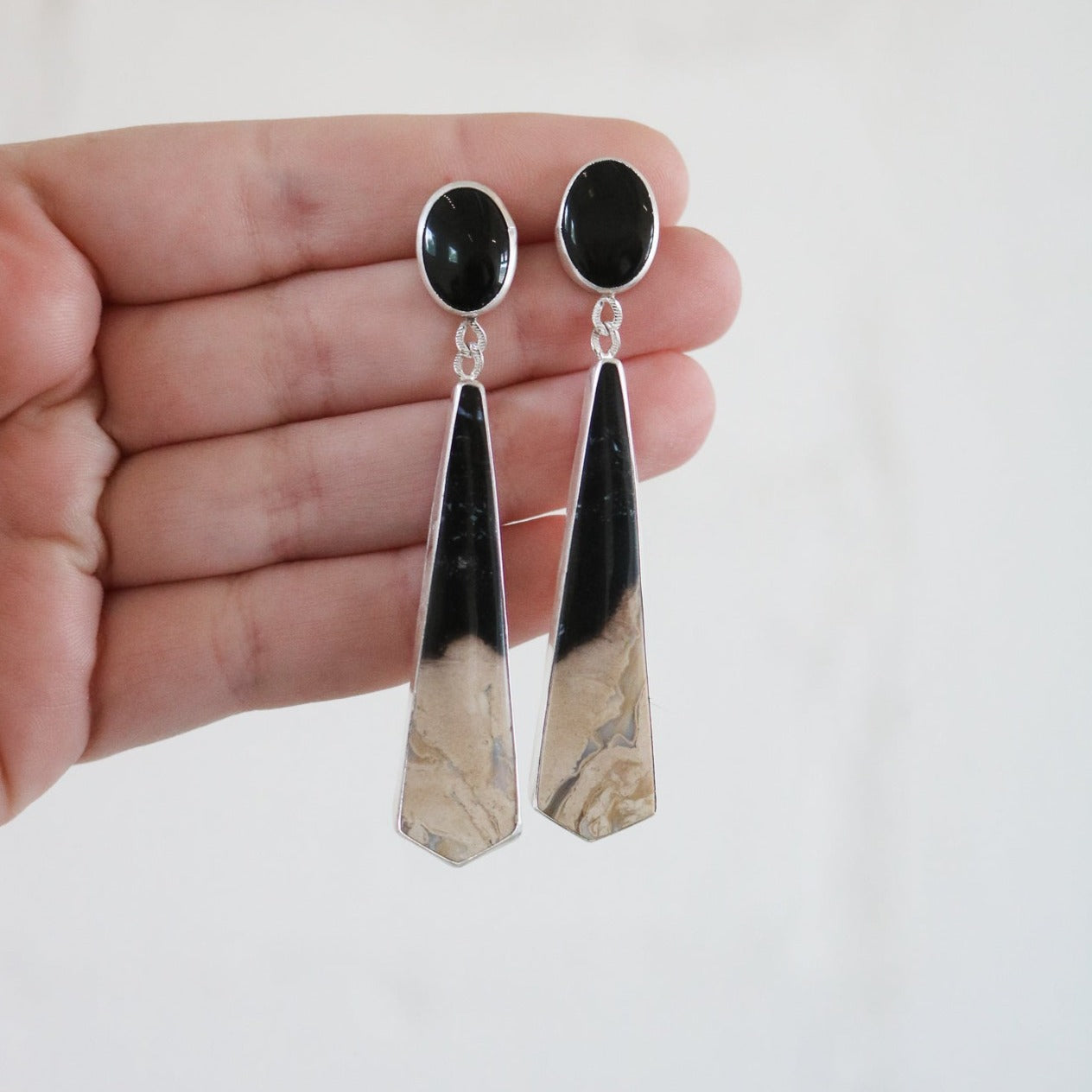 Onyx + Petrified Wood Double Drop Earrings // One of a Kind