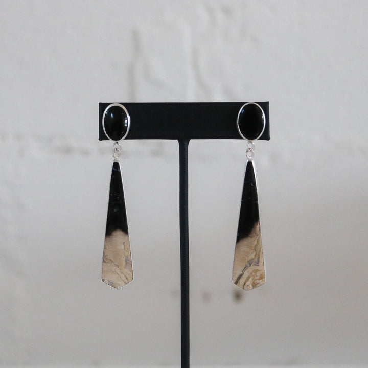 Onyx + Petrified Wood Double Drop Earrings // One of a Kind