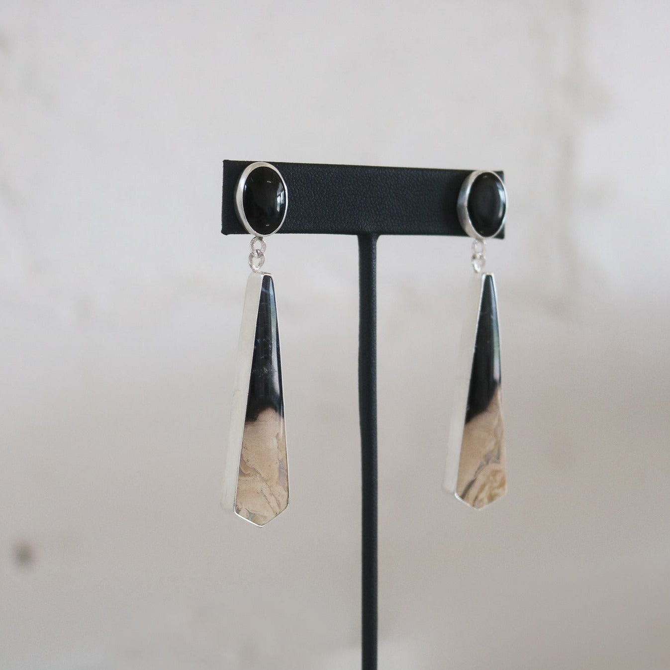 Onyx + Petrified Wood Double Drop Earrings // One of a Kind
