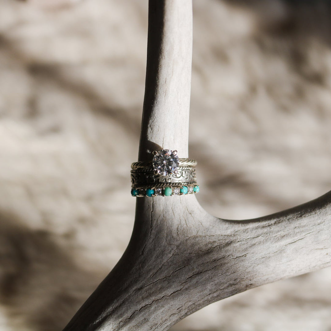 'Charlotte' Brilliant Cut Moissanite + Turquoise Wedding Ring Set // Made to Order