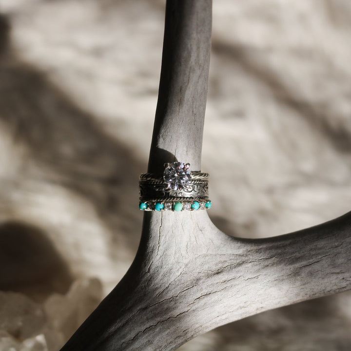 'Charlotte' Brilliant Cut Moissanite + Turquoise Wedding Ring Set // Made to Order
