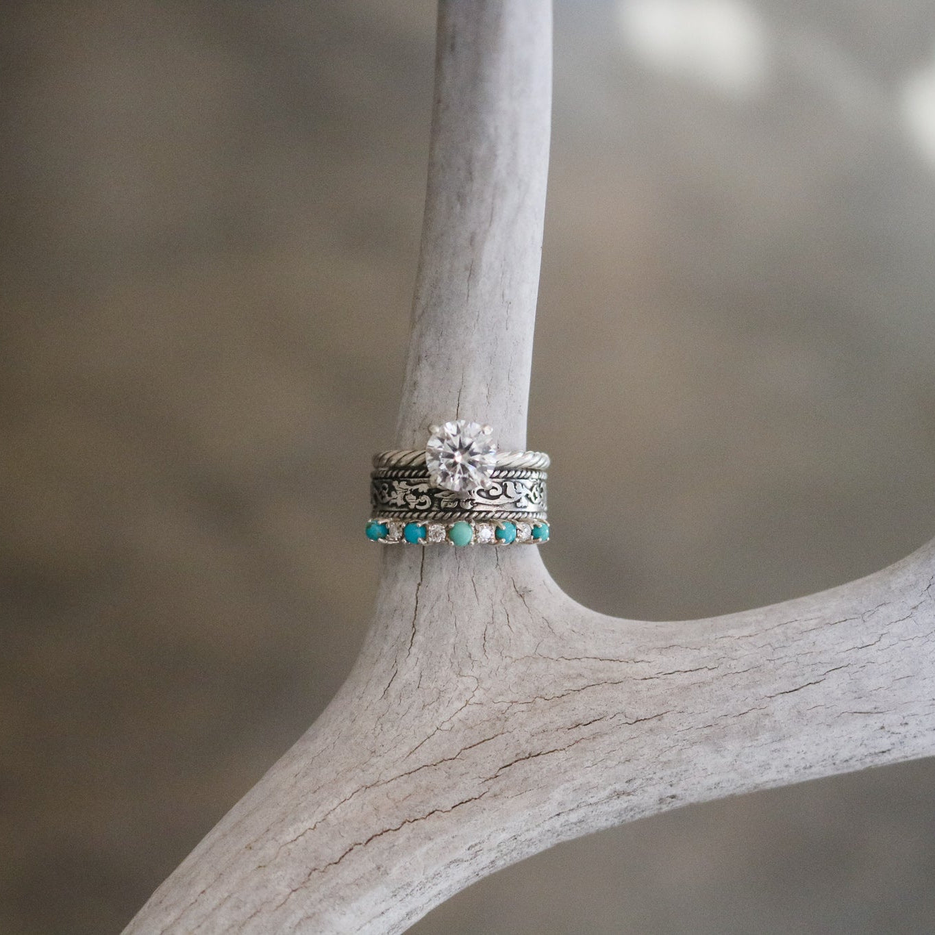 'Charlotte' Brilliant Cut Moissanite + Turquoise Wedding Ring Set // Made to Order