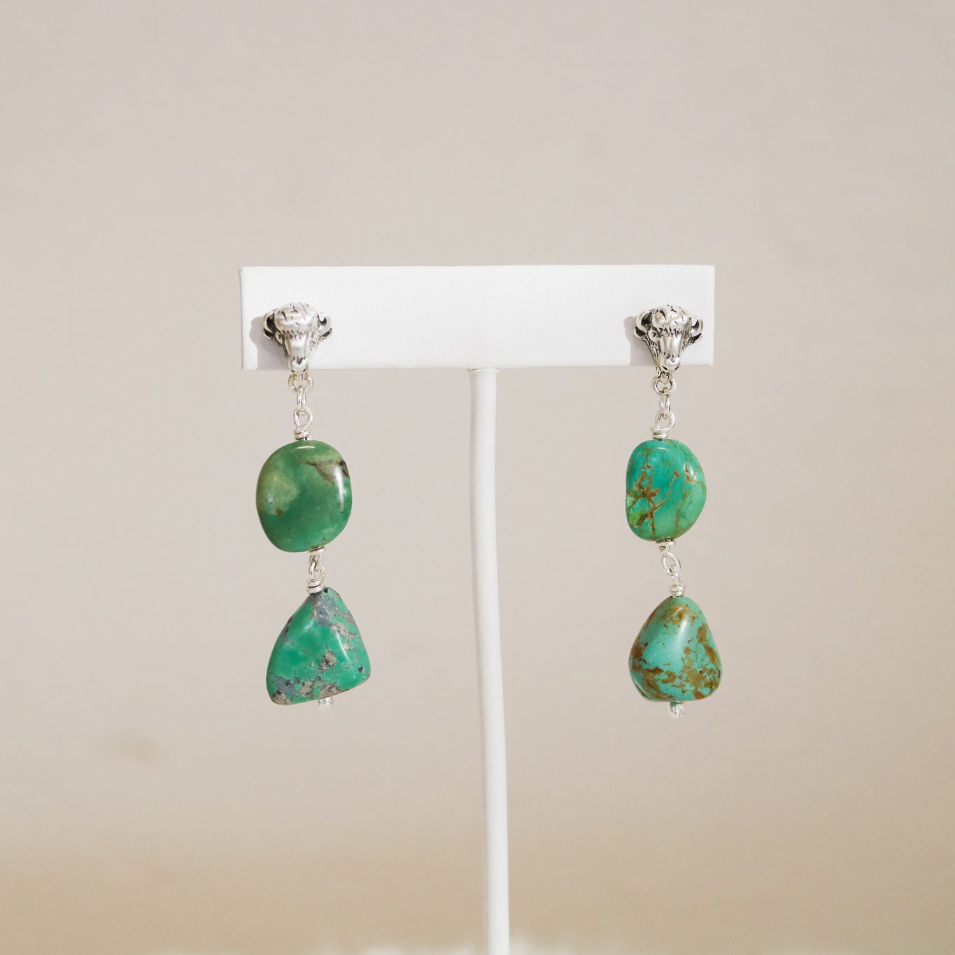 Buffalo Head + American Turquoise Double Drop Earrings // One of a Kind