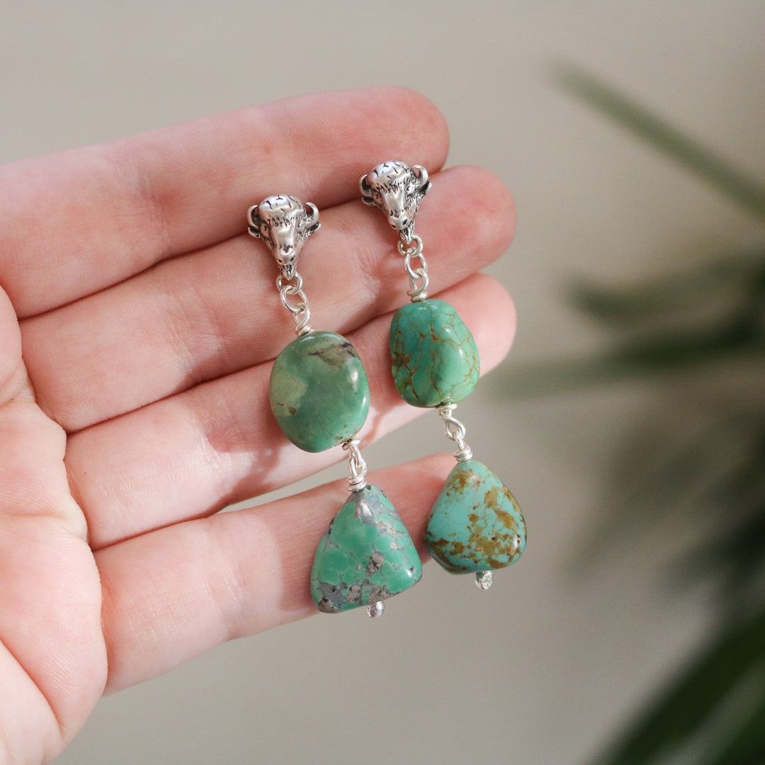 Buffalo Head + American Turquoise Double Drop Earrings // One of a Kind