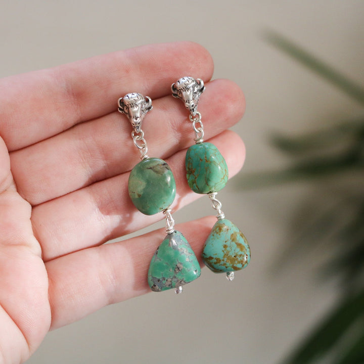 Buffalo Head + American Turquoise Double Drop Earrings // One of a Kind