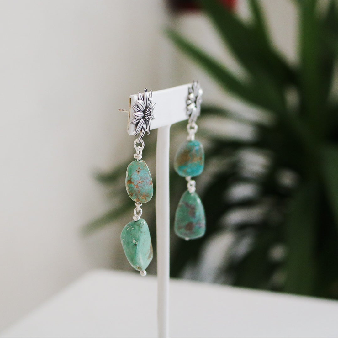 Sunflower + American Turquoise Double Drop Earrings // One of a Kind