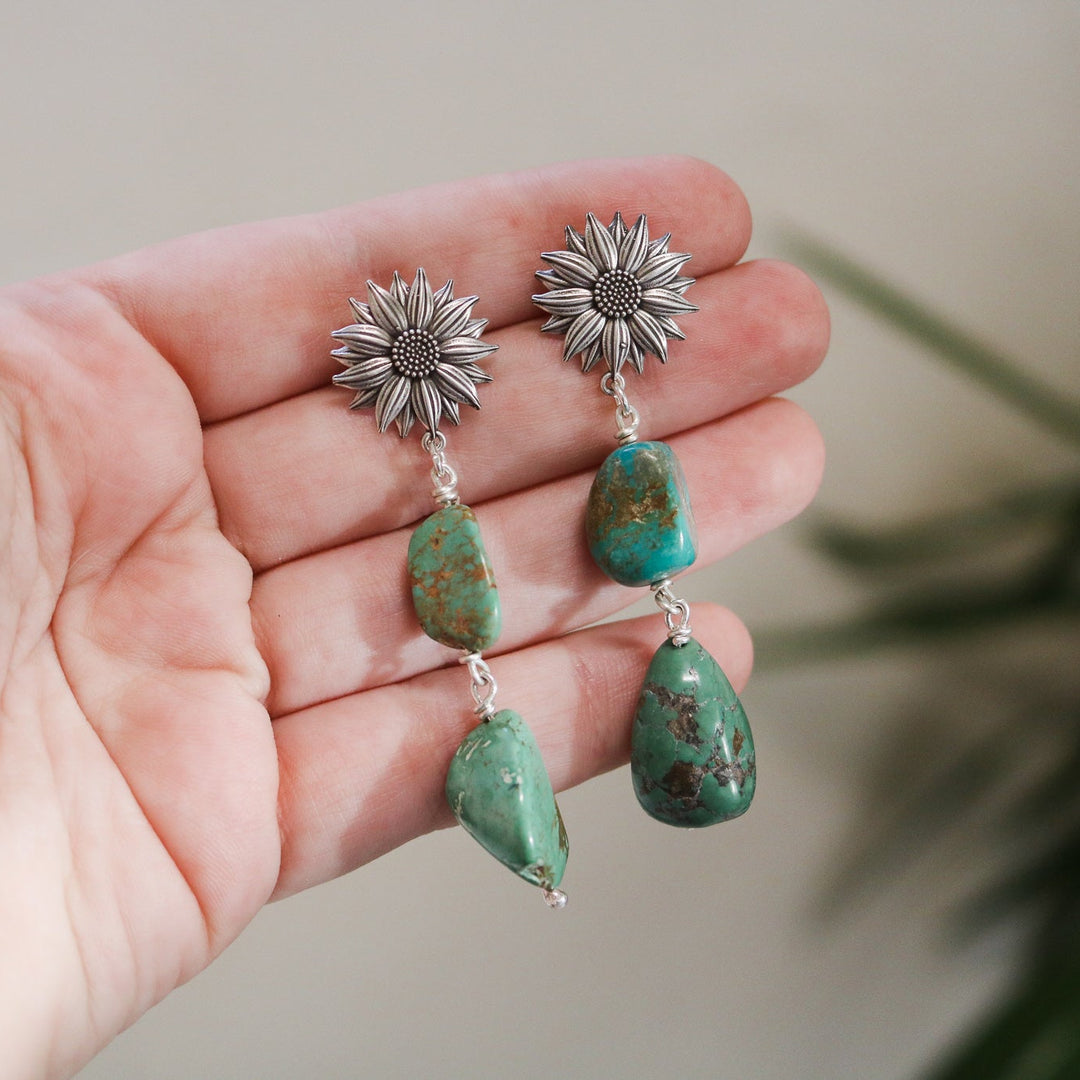 Sunflower + American Turquoise Double Drop Earrings // One of a Kind
