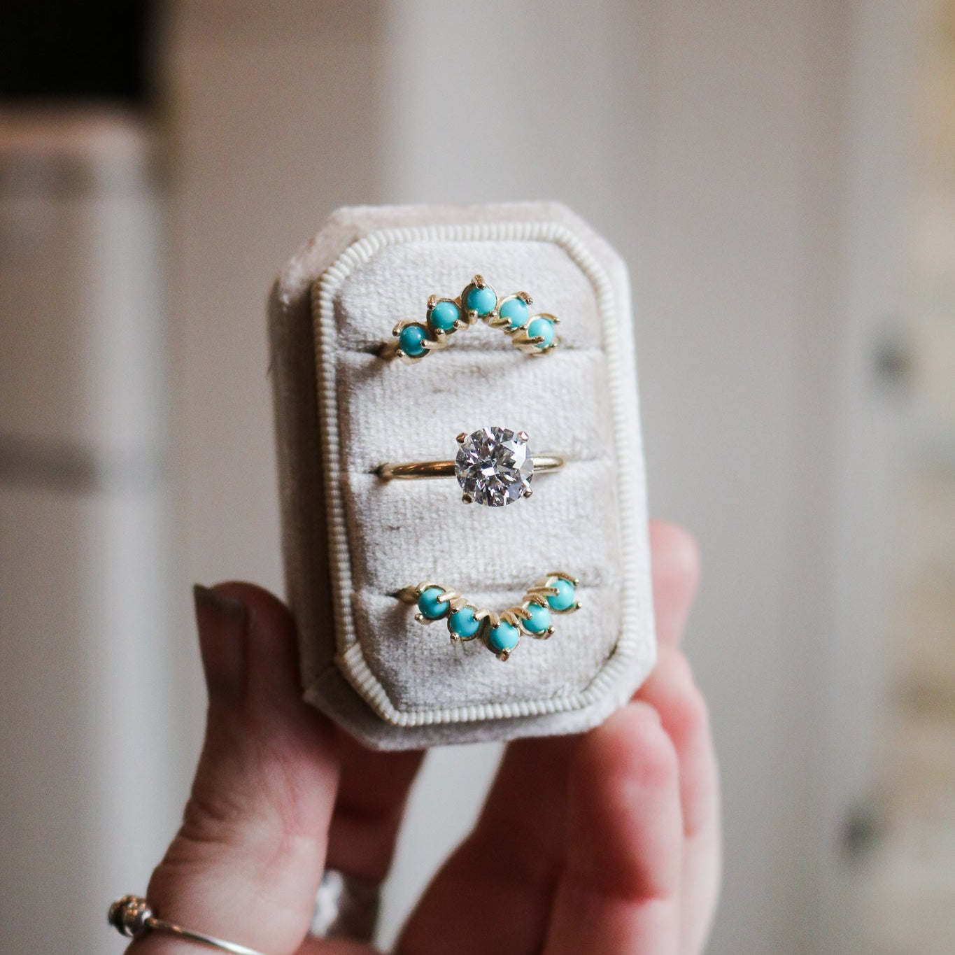 'Mira' Diamond + Turquoise Wedding Ring Set // Made to Order