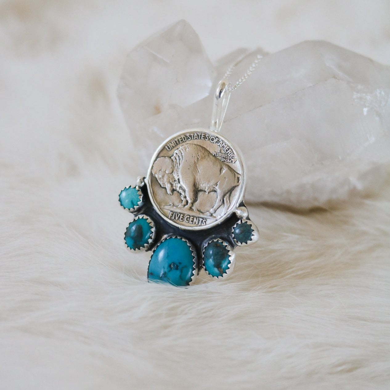 Handmade Southwestern Sterling Silver Buffalo Nickel Chunky good Turquoise Pendant