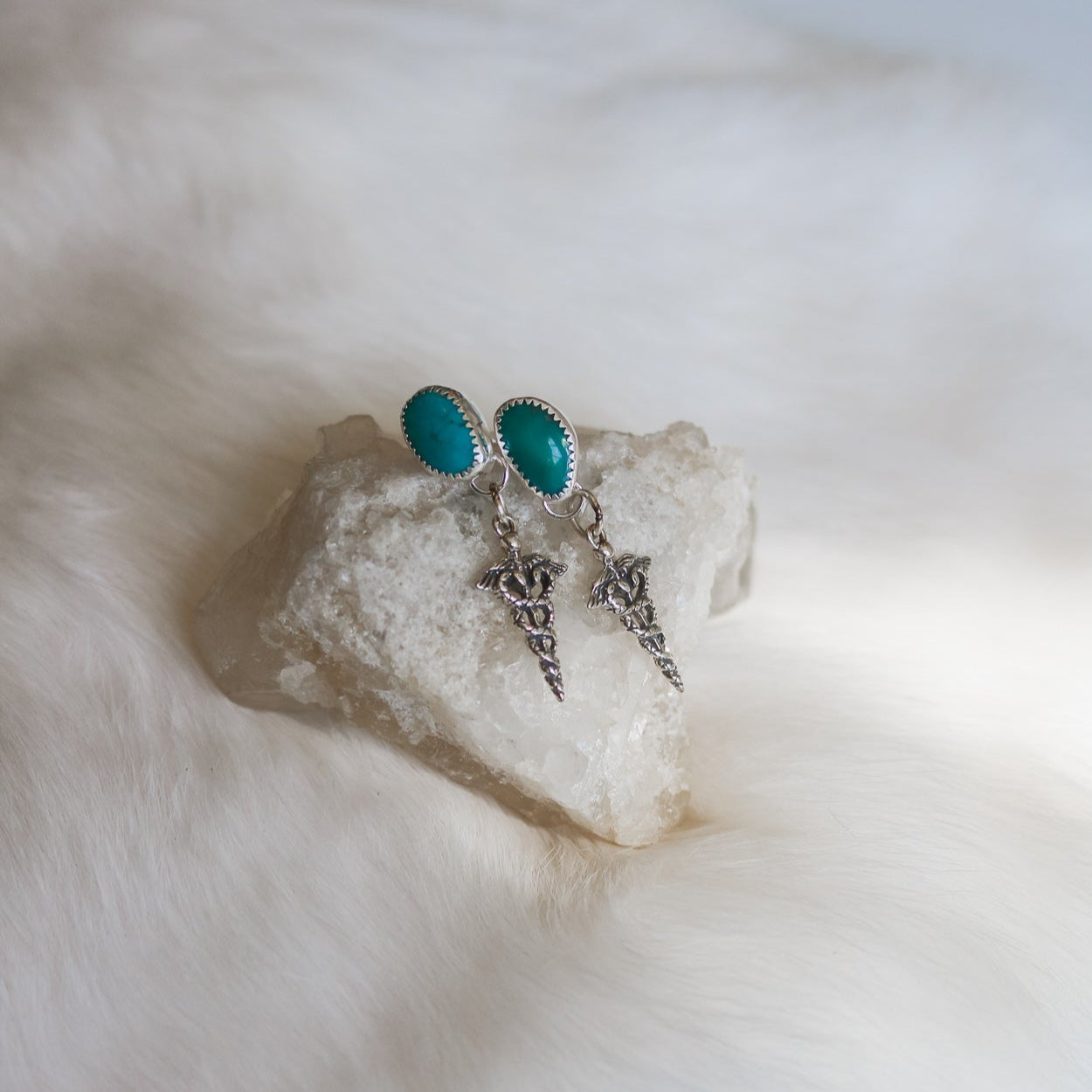 Kingman Turquoise + Caduceus Drop Earrings // One of a Kind