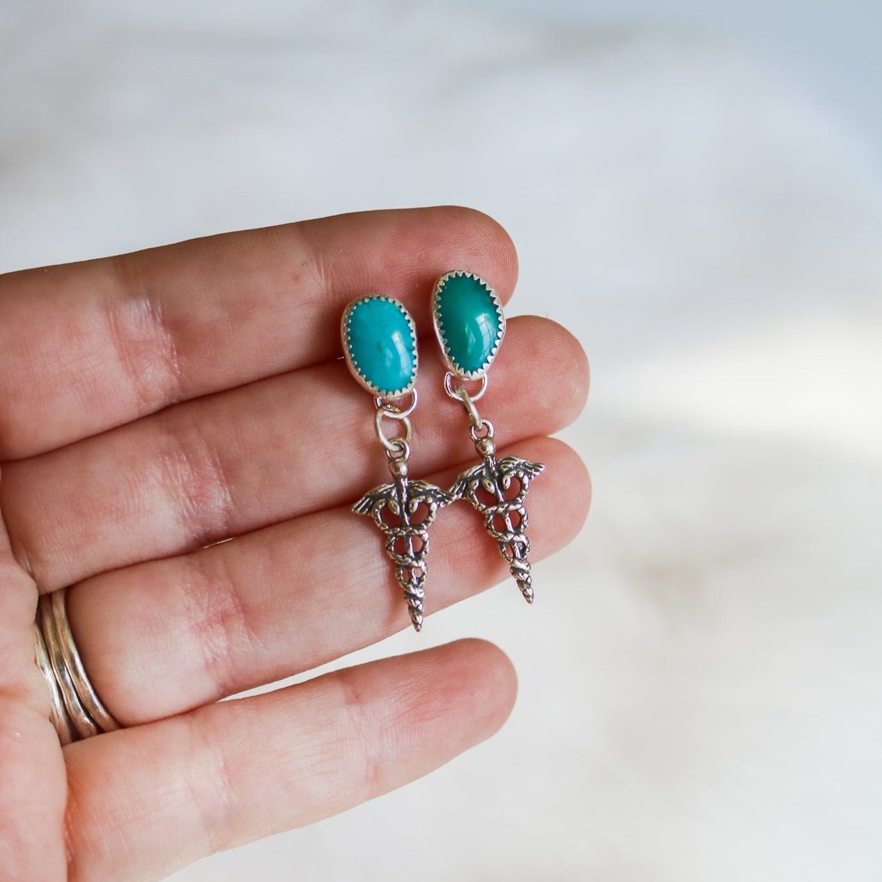 Kingman Turquoise + Caduceus Drop Earrings // One of a Kind