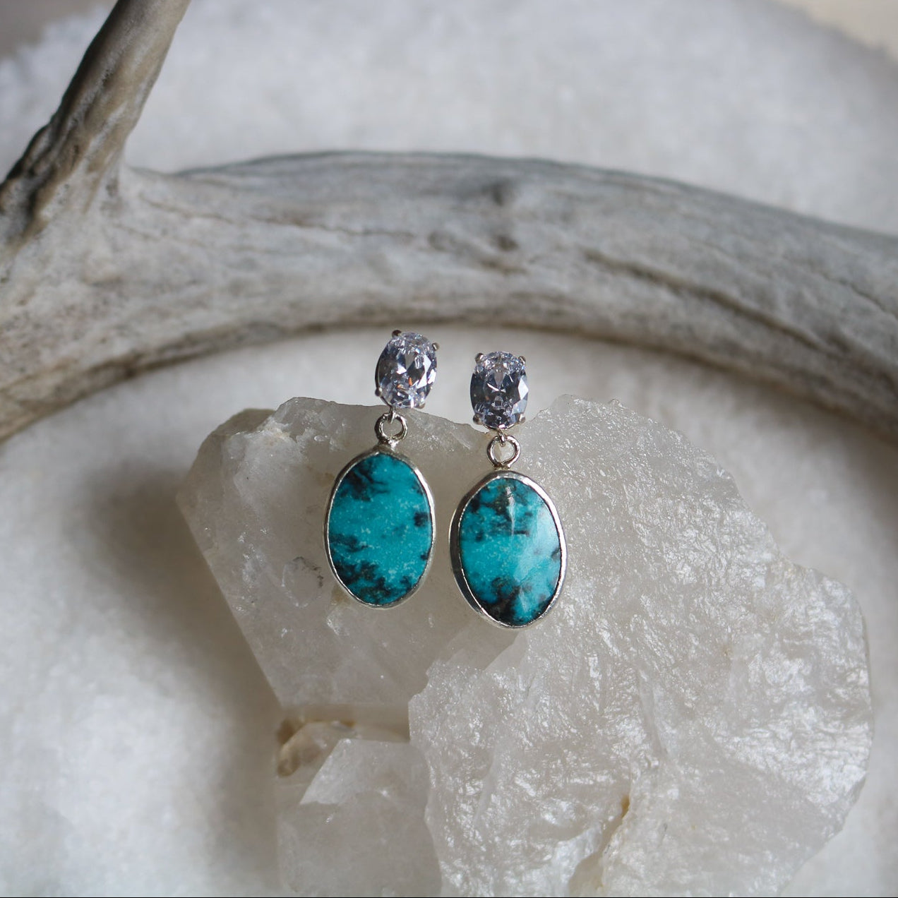 'Bluewater' Turquoise + Oval Cut Diamond Earrings // One of a Kind