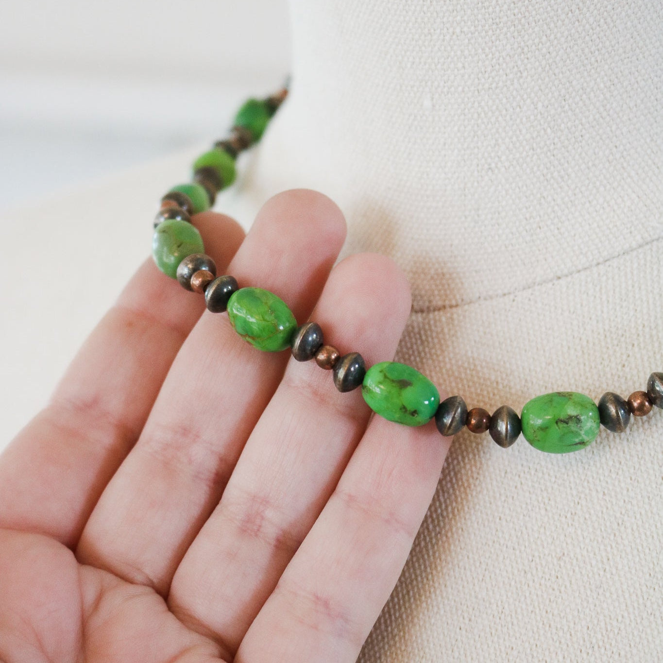 Green Mojave Turquoise + Navajo Pearl Beaded Necklace // One of a Kind