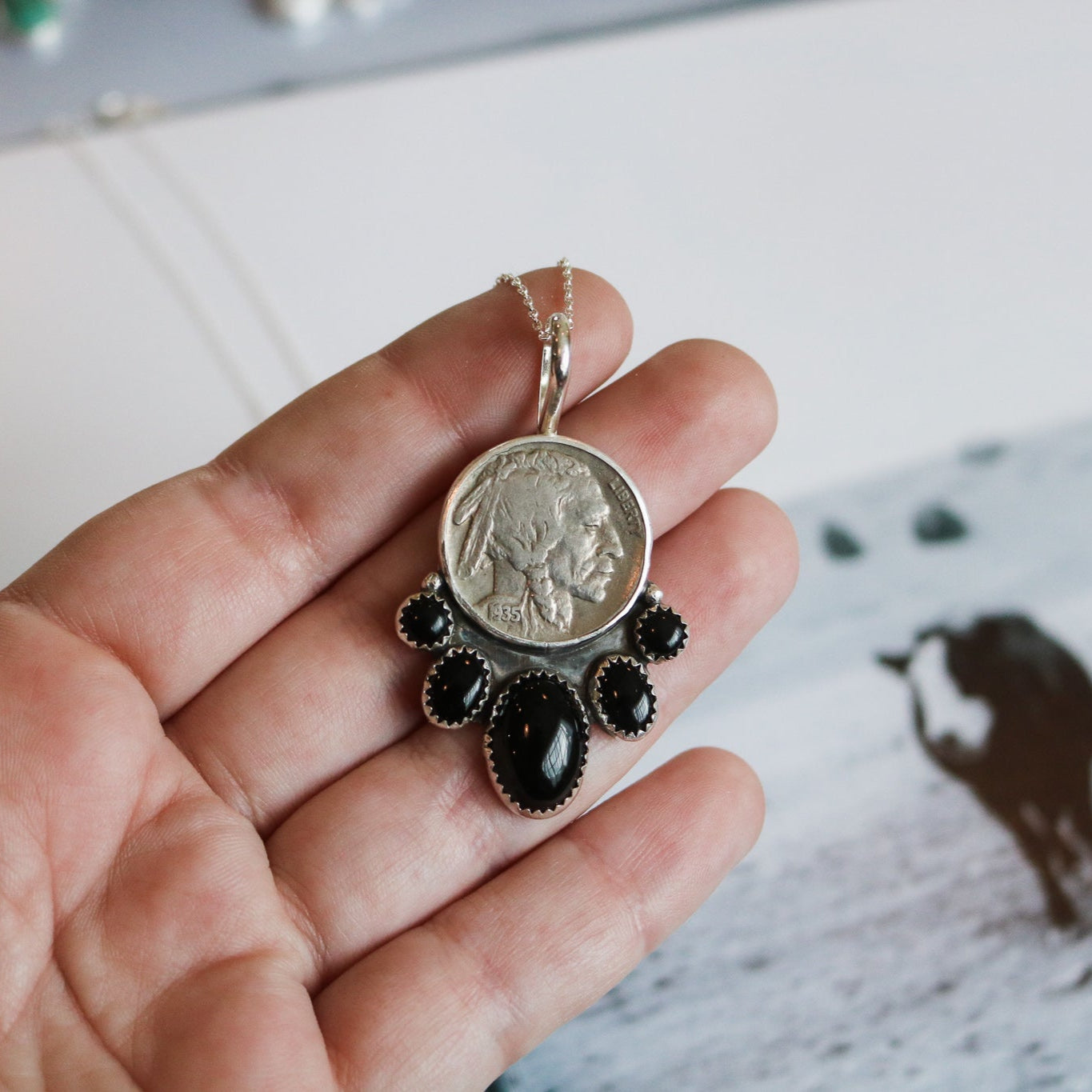 Five Tribes Buffalo Nickel Necklace in Black Onyx