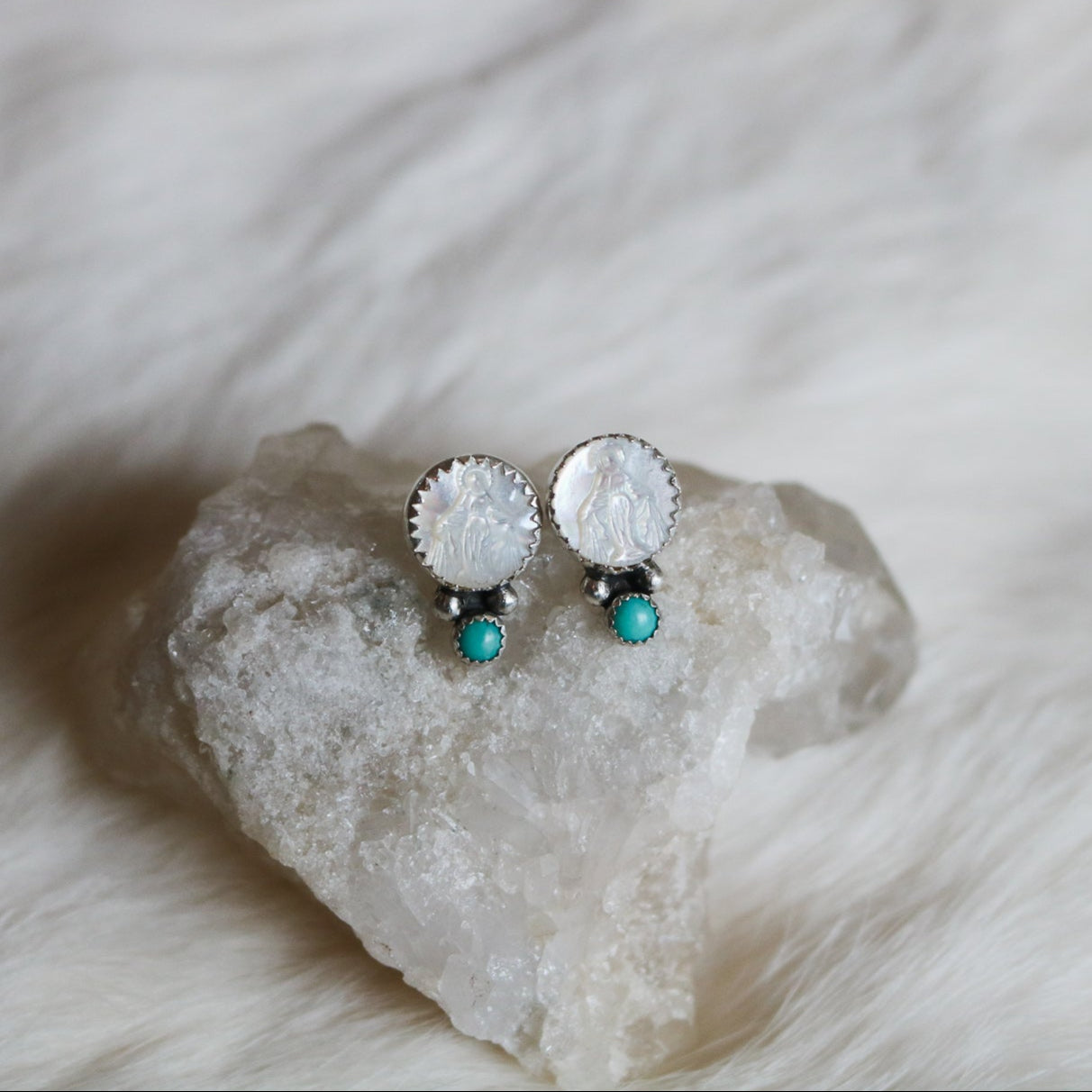 Mother of Pearl Miraculous Medal + Turquoise Studs // One of a Kind