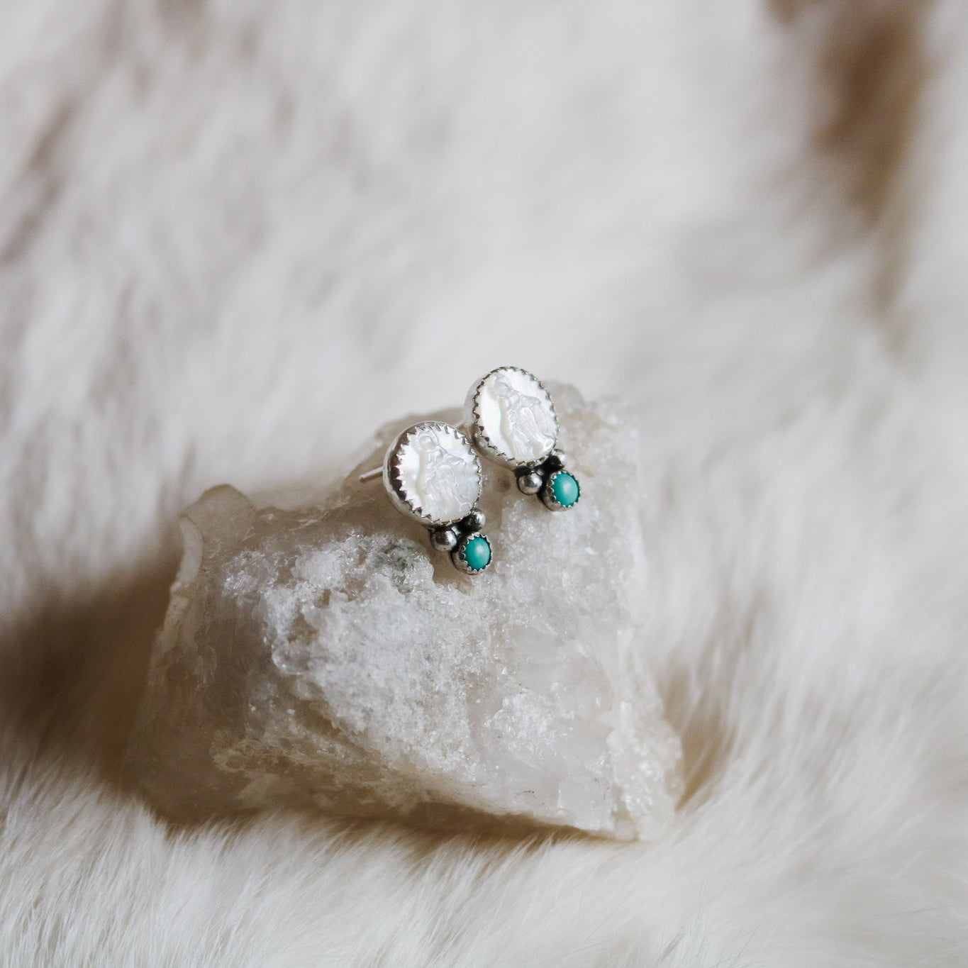 Mother of Pearl Miraculous Medal + Turquoise Studs // One of a Kind