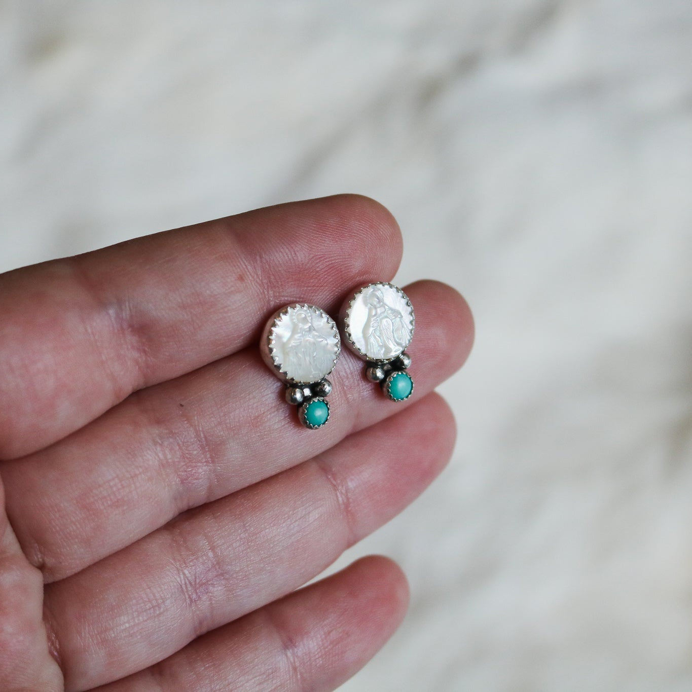 Mother of Pearl Miraculous Medal + Turquoise Studs // One of a Kind
