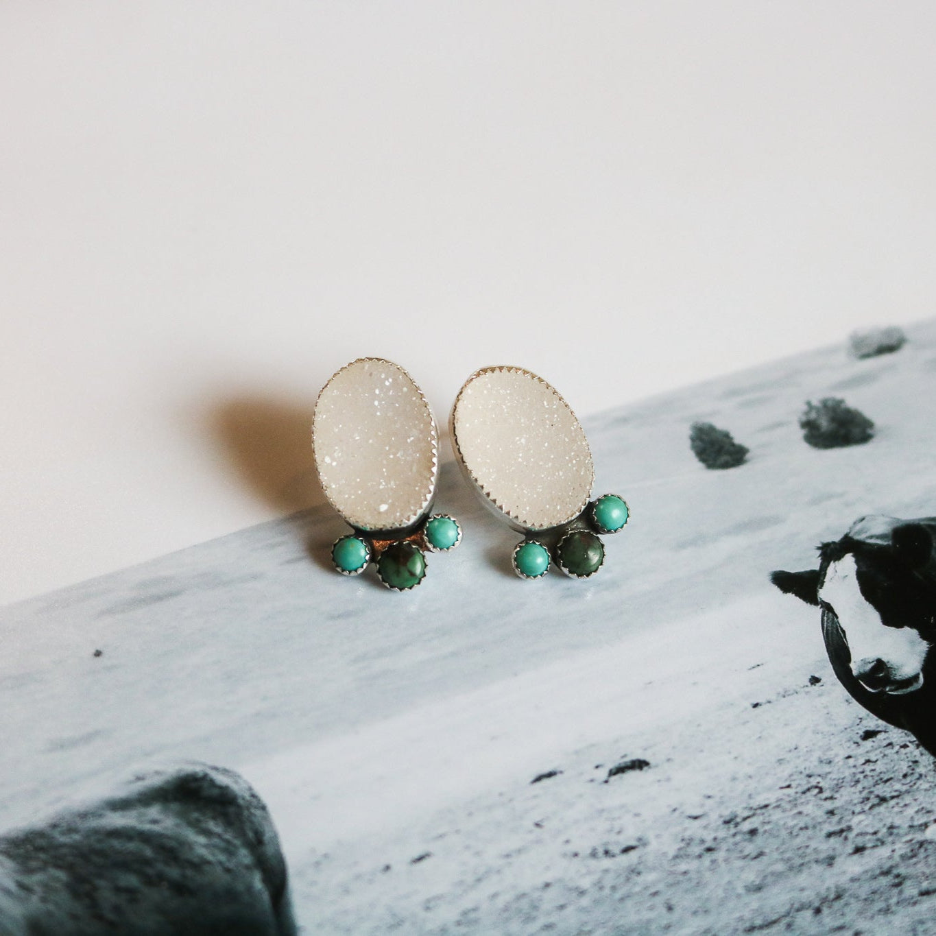 Quartz Druzy + Turquoise Trio Studs // One of a Kind