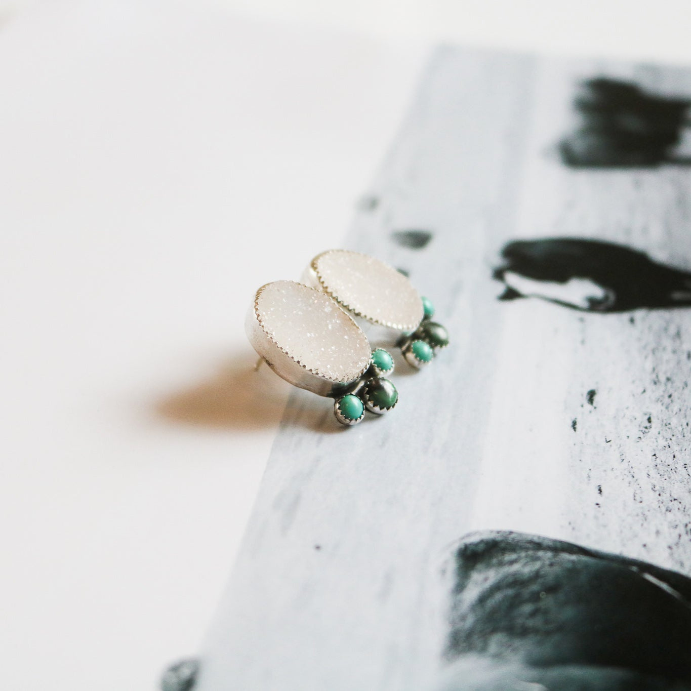 Quartz Druzy + Turquoise Trio Studs // One of a Kind