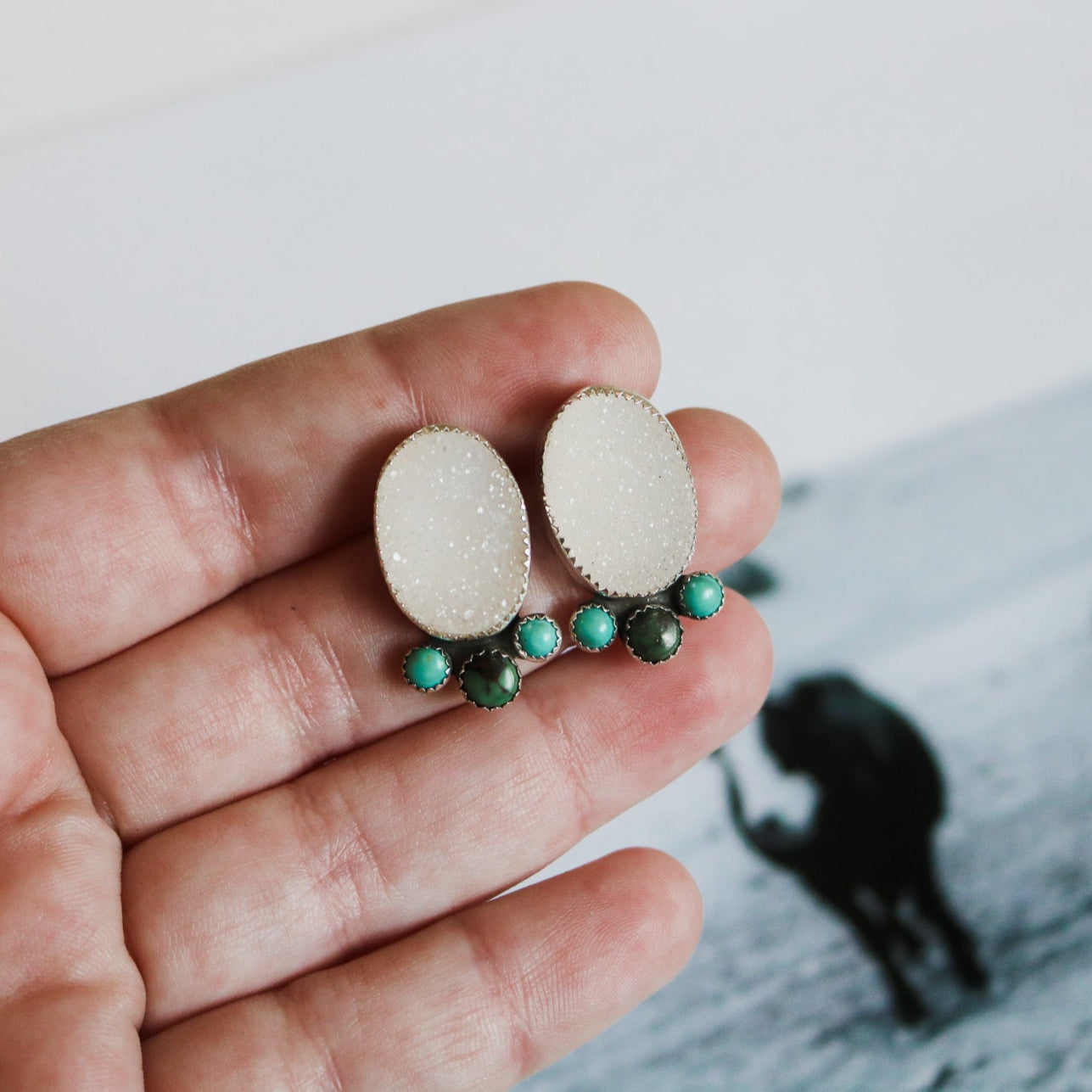 Quartz Druzy + Turquoise Trio Studs // One of a Kind