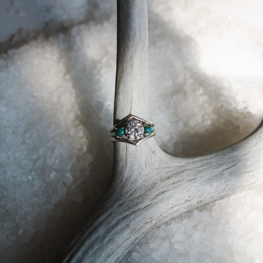 ‘Camille’ Moissanite + Turquoise Engagement & Wedding Ring Set // Made to Order