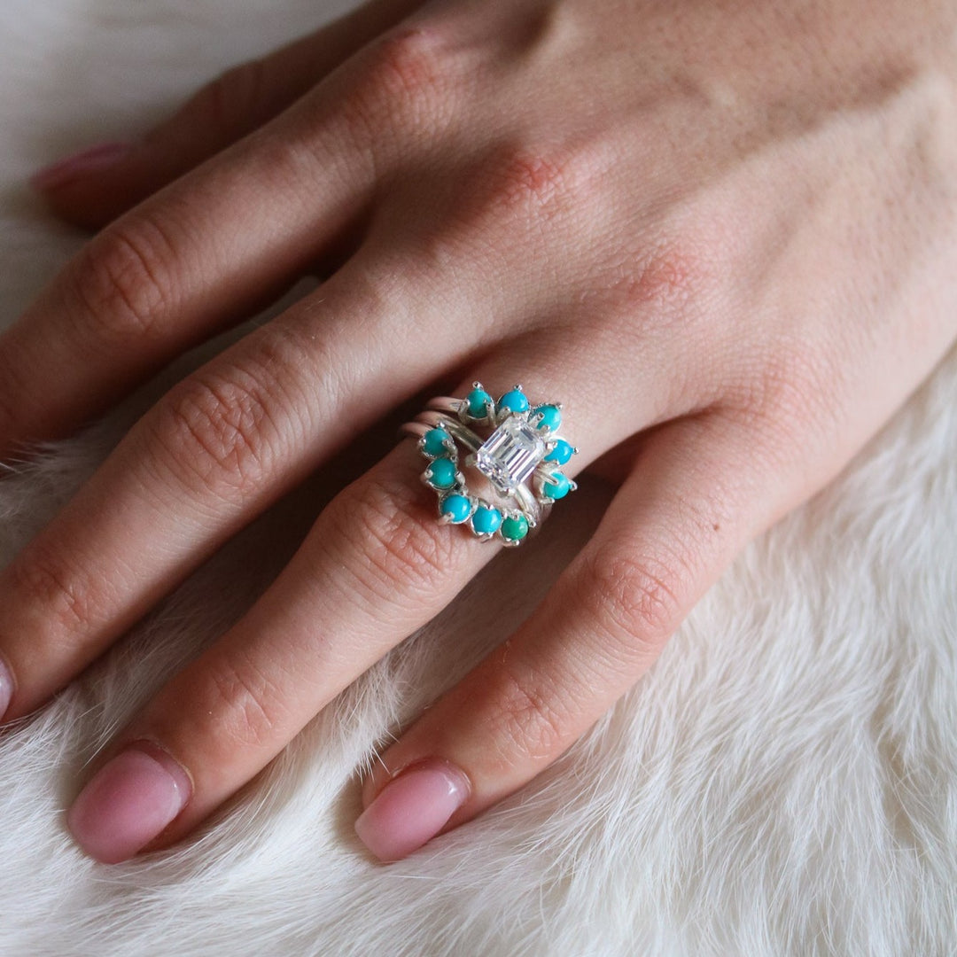 'Margot' Moissanite Engagement + Turquoise Wedding Ring Set // Made to Order