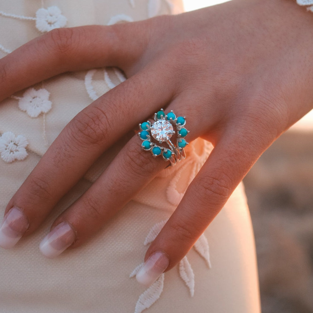 'Mira' Moissanite Engagement + Turquoise Wedding Ring Set // Made to Order