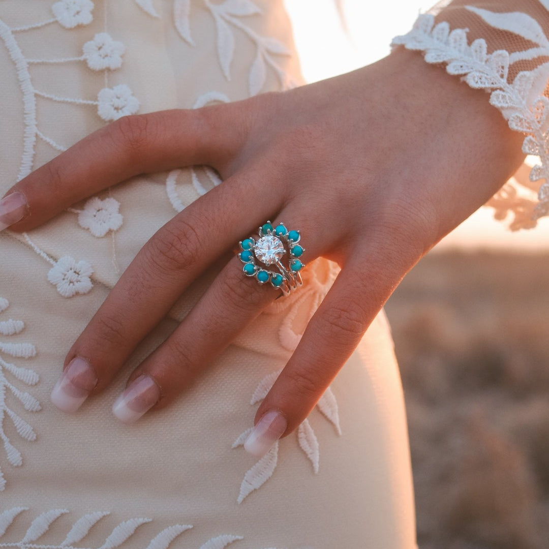 'Mira' Moissanite Engagement + Turquoise Wedding Ring Set // Made to Order