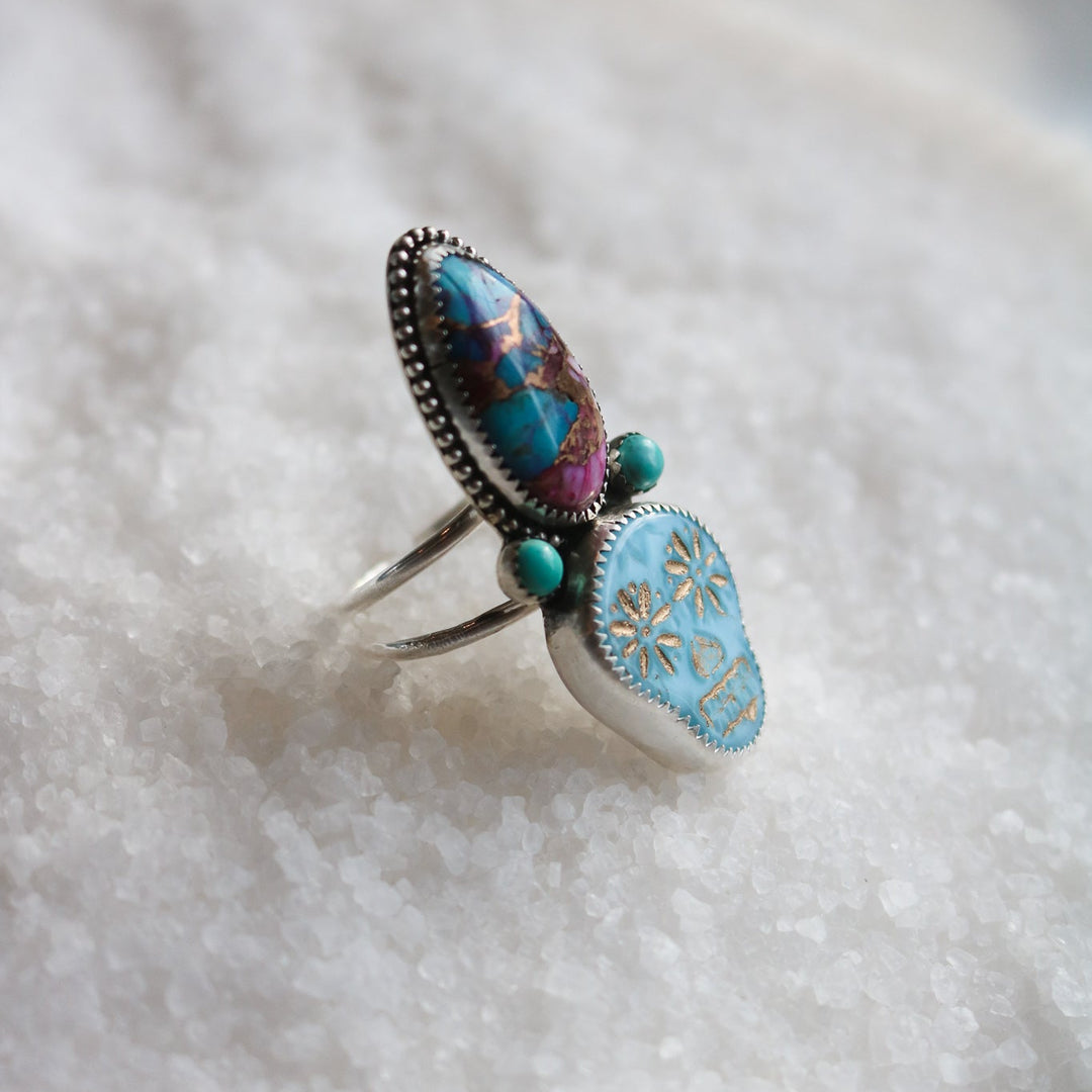 Sugar Skull + Pink Dahlia Turquoise Ring - Size 9 // One of a Kind