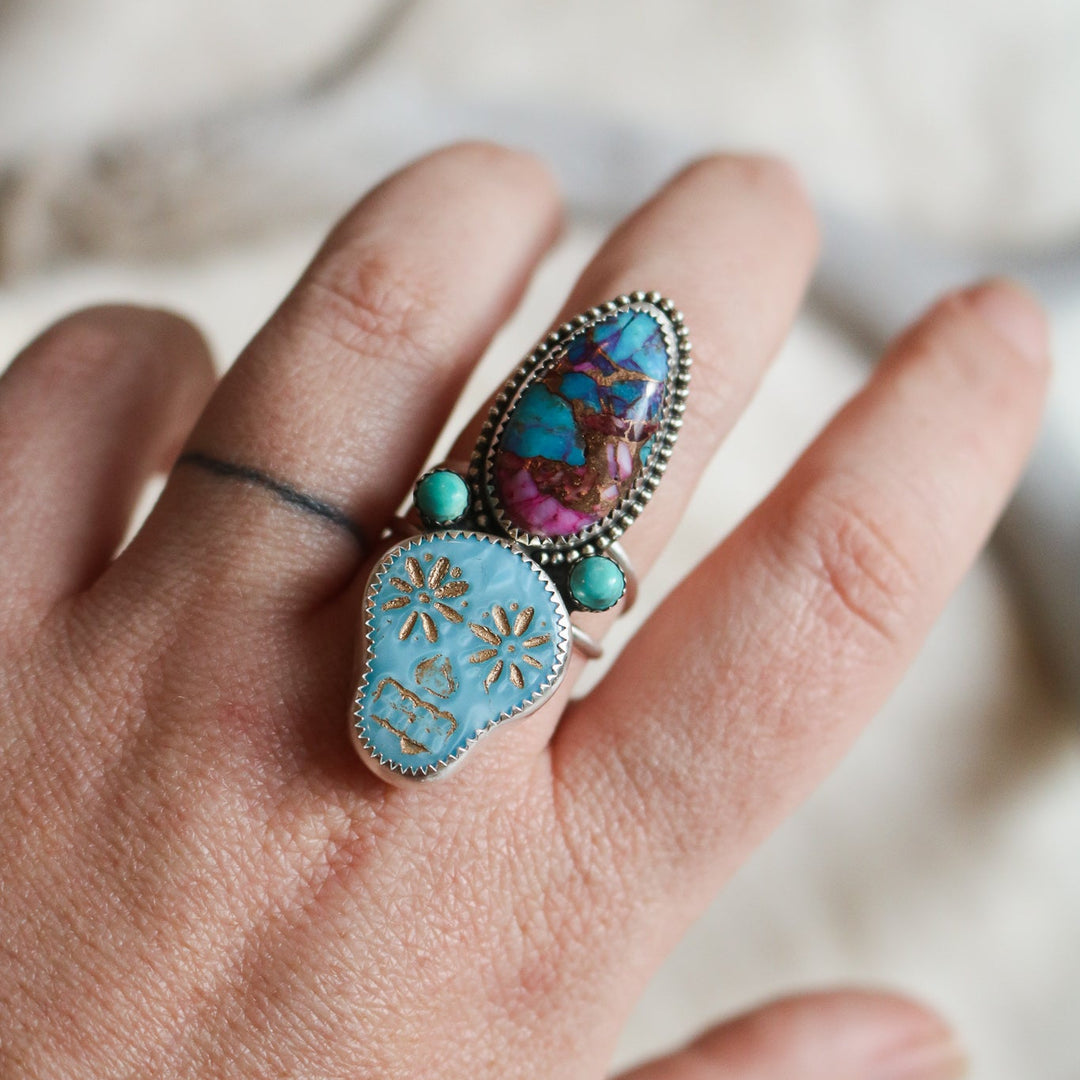 Sugar Skull + Pink Dahlia Turquoise Ring - Size 9 // One of a Kind