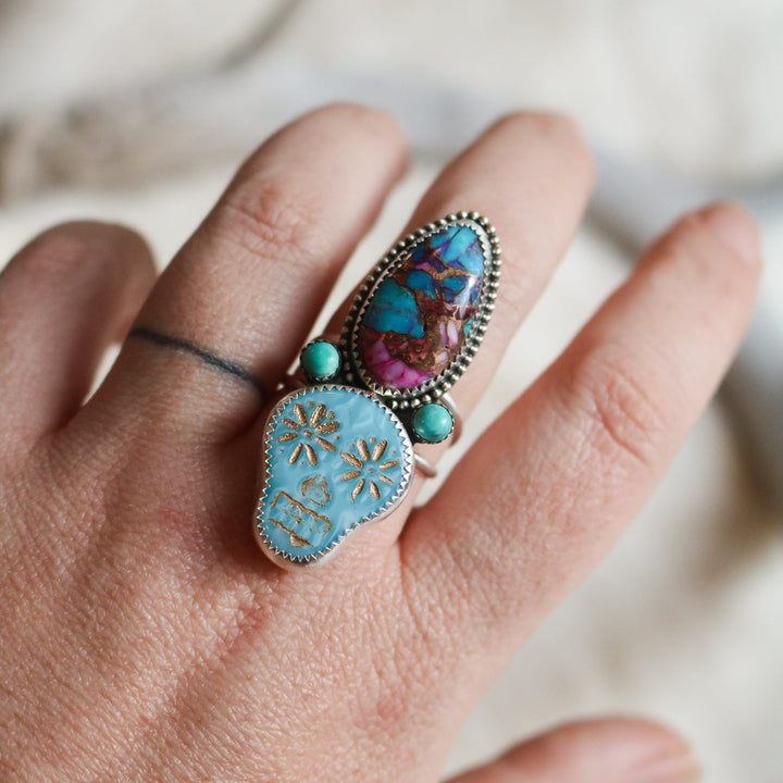 Sugar Skull + Pink Dahlia Turquoise Ring - Size 9 // One of a Kind