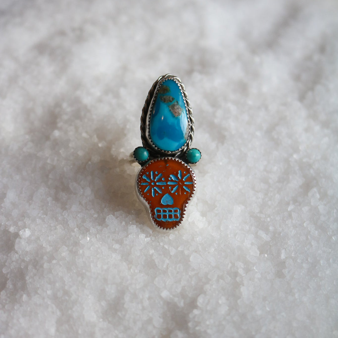 Orange Sugar Skull + Turquoise Ring - Size 8 // One of a Kind